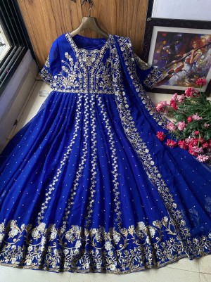 Dark Blue Designer Georgette With Embroidery Work For Gown With Dupatta